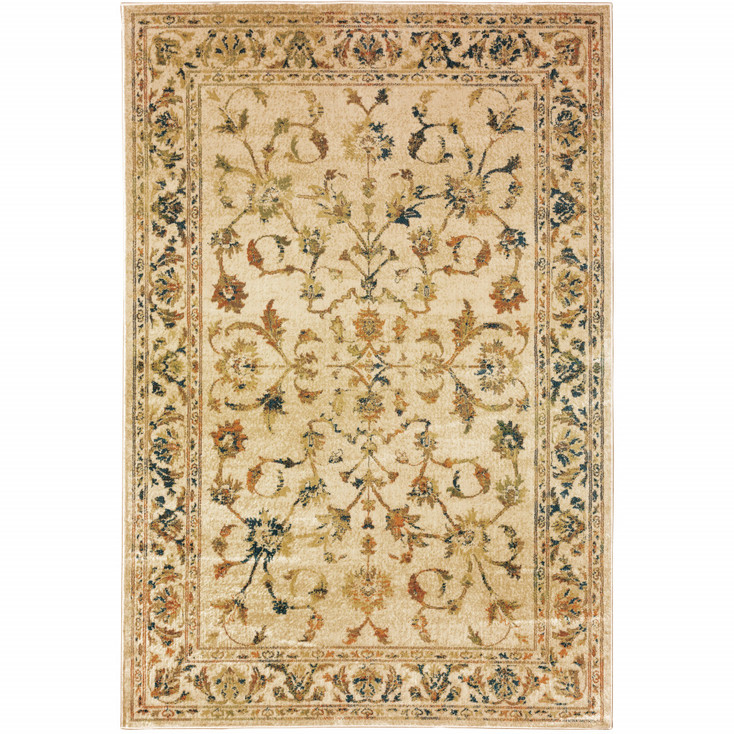 4' x 6' Beige Gold and Teal Oriental Power Loom Stain Resistant Area Rug