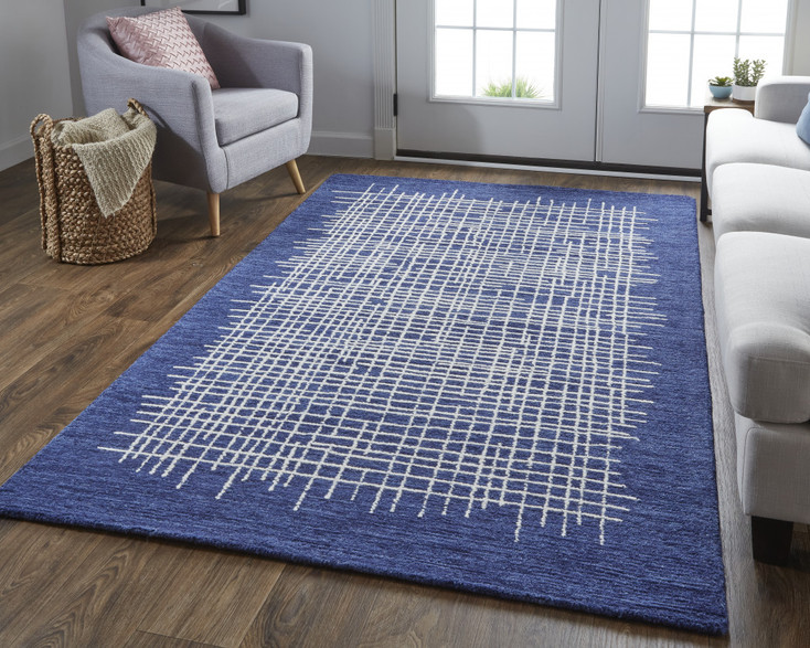 4' x 6' Blue & Ivory Wool Plaid Tufted Handmade Stain Resistant Area Rug
