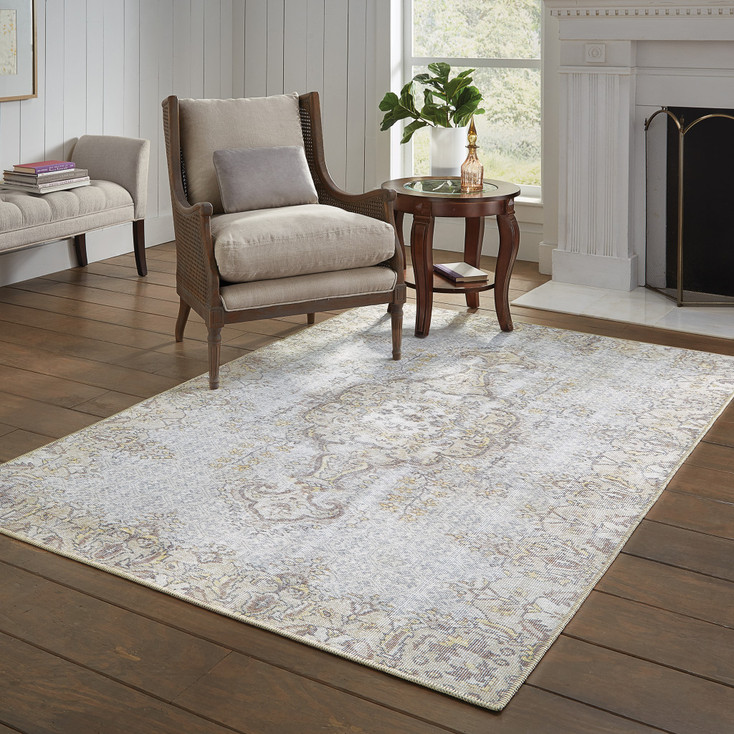 4' x 6' Grey & Gold Oriental Power Loom Stain Resistant Area Rug