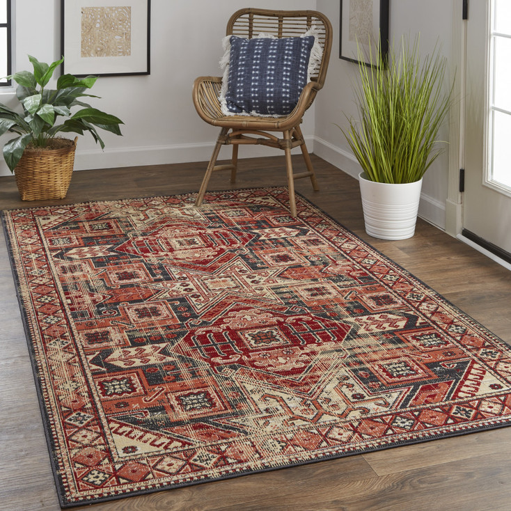 4' x 6' Red Tan and Black Abstract Power Loom Distressed Stain Resistant Area Rug