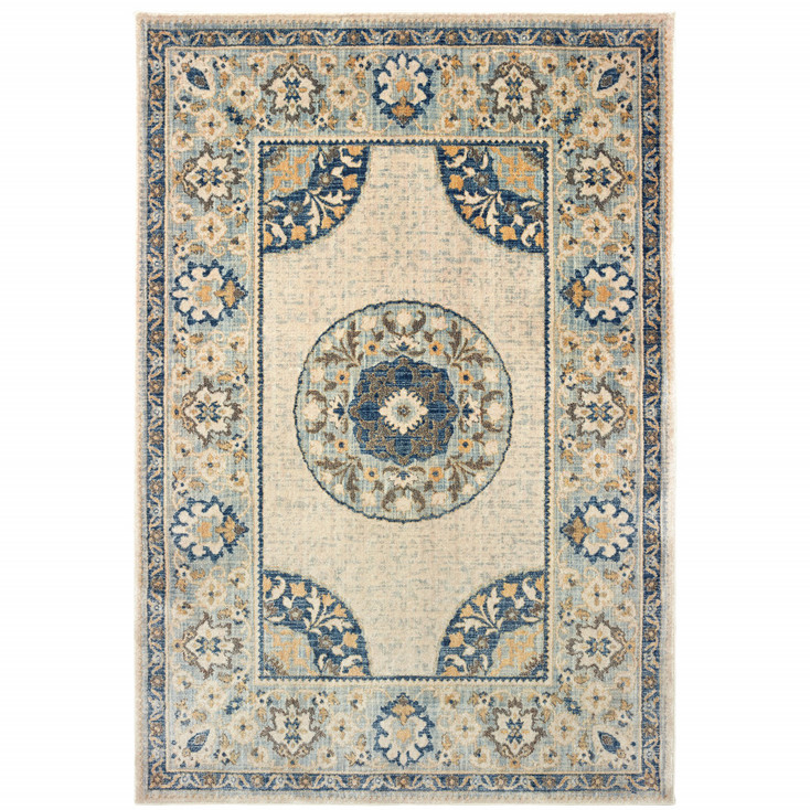 4' x 6' Ivory & Blue Oriental Power Loom Stain Resistant Rectangle Area Rug
