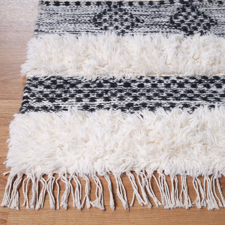 4' x 6' Black and Ivory Wool Striped Flat Weave Handmade Area Rug with Fringe