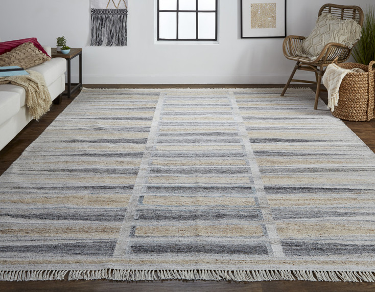 4' x 6' Tan Gray and Taupe Geometric Hand Woven Stain Resistant Area Rug with Fringe