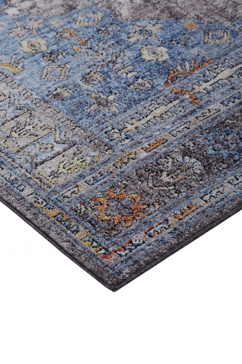 4' x 6' Blue Gray and Gold Floral Stain Resistant Area Rug