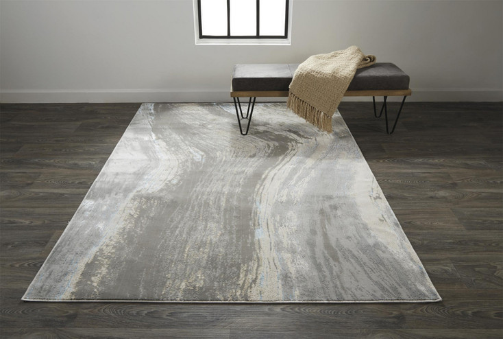 4' x 6' Gray Ivory and Blue Abstract Area Rug