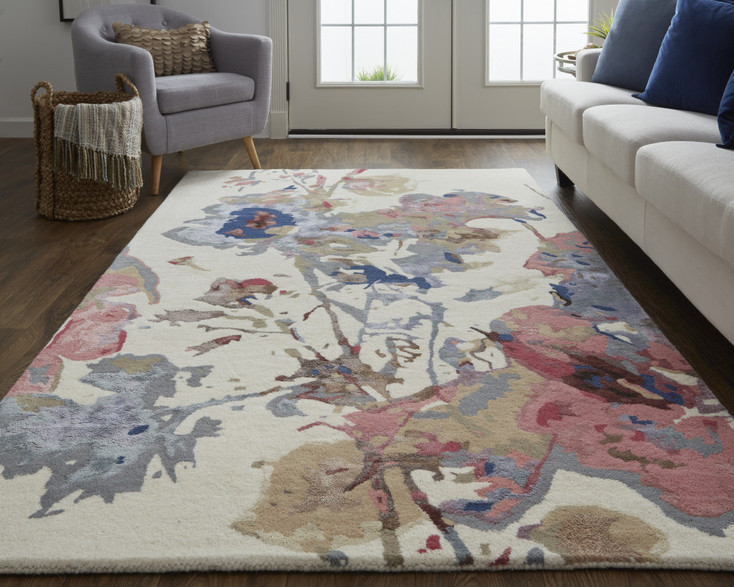 4' x 6' Blue Pink & Gray Wool Floral Tufted Handmade Area Rug