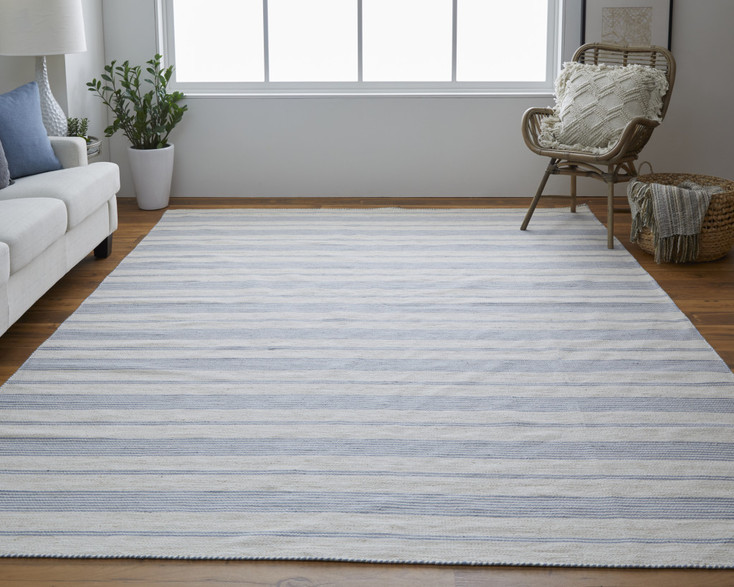 4' x 6' Blue Ivory and Tan Striped Dhurrie Hand Woven Stain Resistant Area Rug
