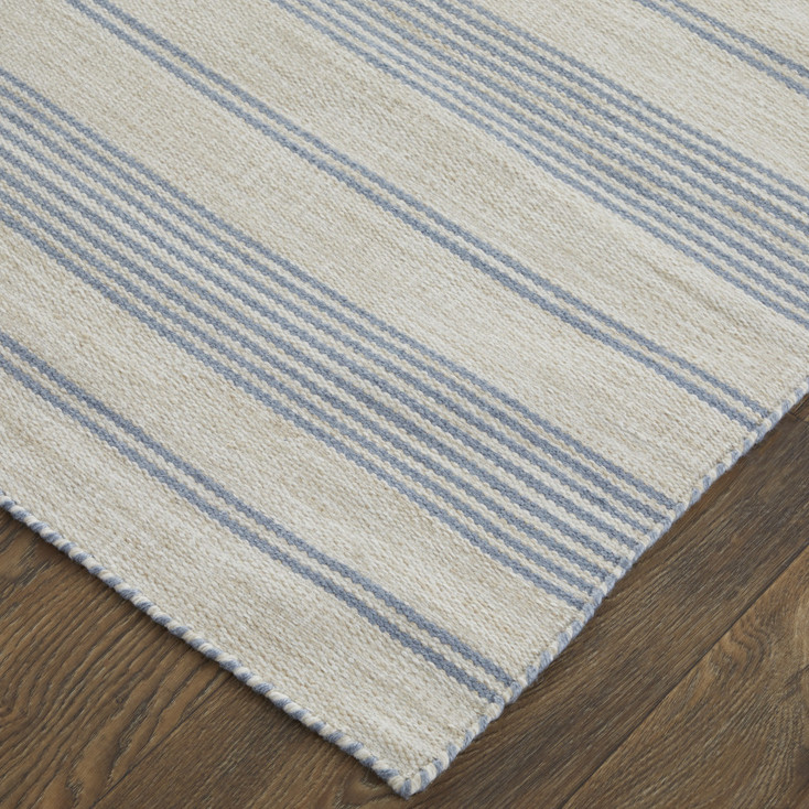 4' x 6' Blue Ivory and Tan Striped Dhurrie Hand Woven Stain Resistant Area Rug