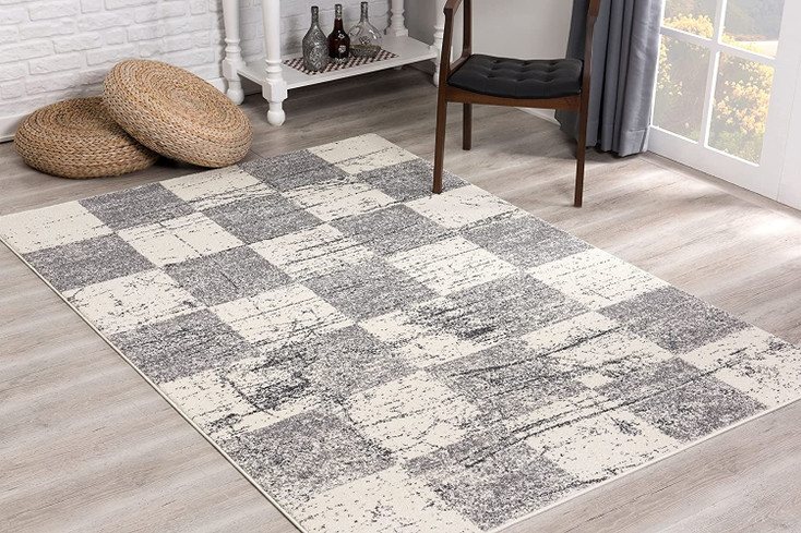 4' x 6' White and Gray Checkered Area Rug