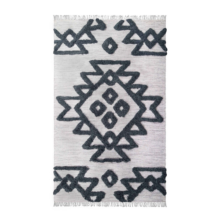 4' x 6' Ivory and Charcoal Wool Geometric Flat Weave Handmade Area Rug with Fringe