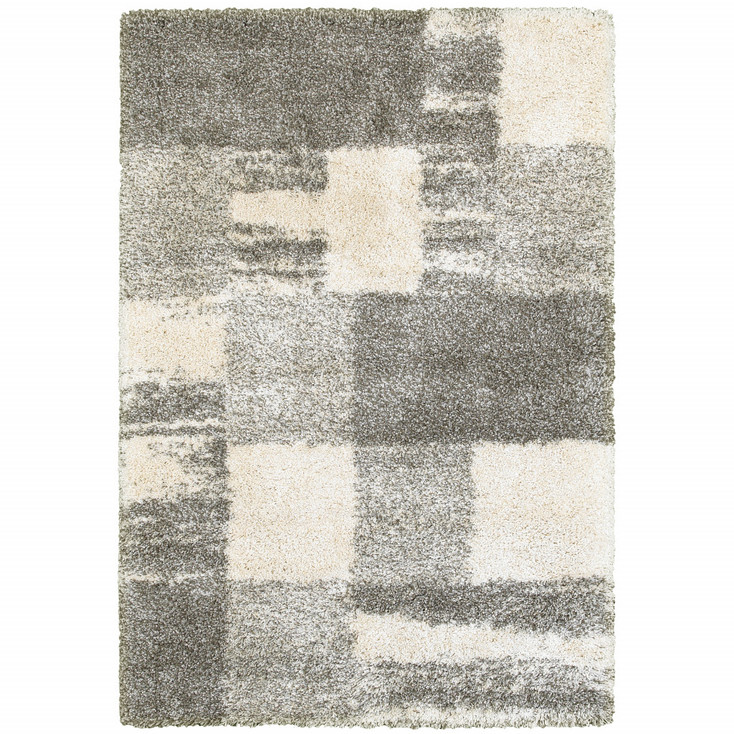 4' x 6' Grey Ivory and Silver Geometric Shag Power Loom Stain Resistant Area Rug