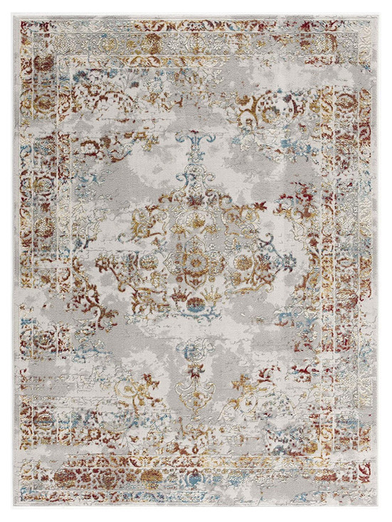 4' x 6' Gray and Beige Distressed Ornate Area Rug