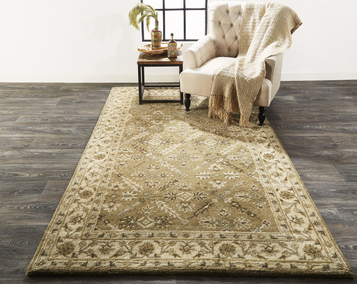 4' x 6' Green Brown and Taupe Wool Paisley Tufted Handmade Stain Resistant Area Rug