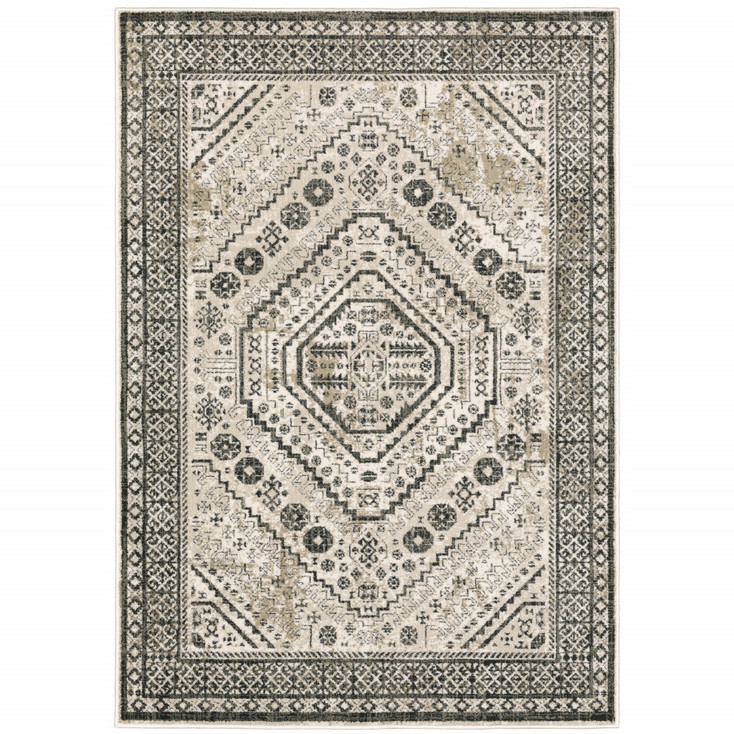 4' x 6' Ivory Grey Black and Ivory Oriental Power Loom Stain Resistant Area Rug