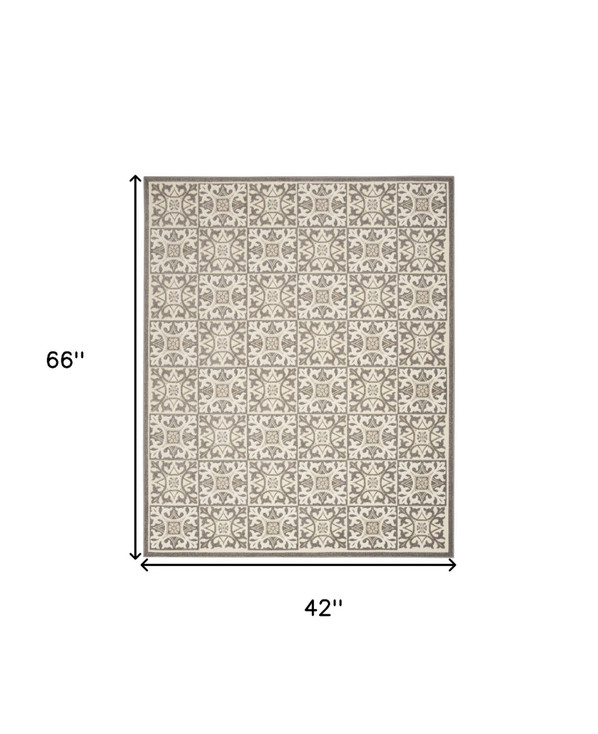 4' x 6' Ivory and Grey Fleur De Lis Stain Resistant Non Skid Area Rug