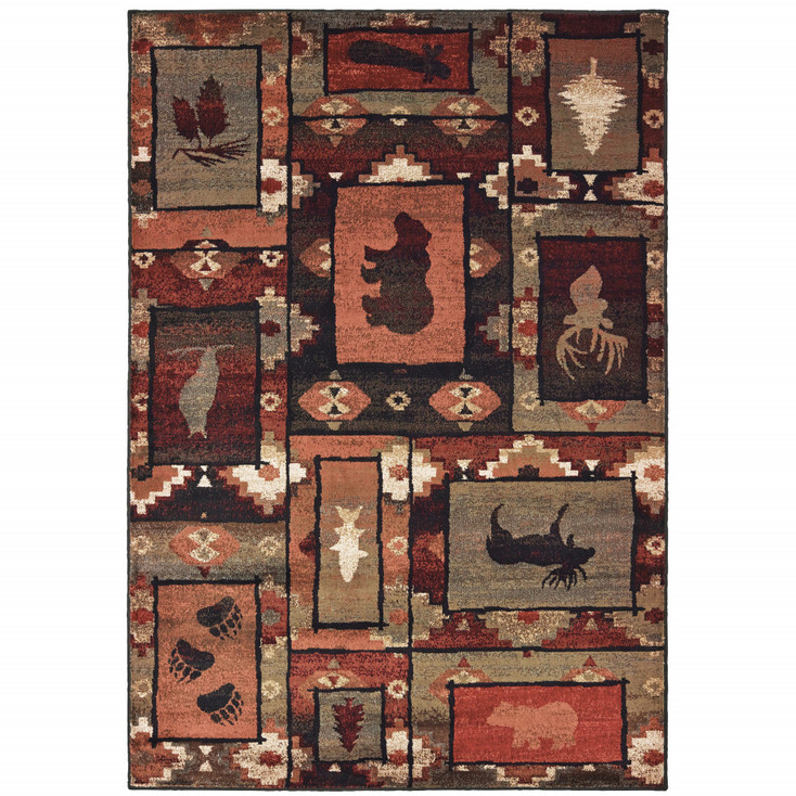 4' x 6' Brown Rust Berry Sage Green Gold and Ivory Southwestern Power Loom Area Rug
