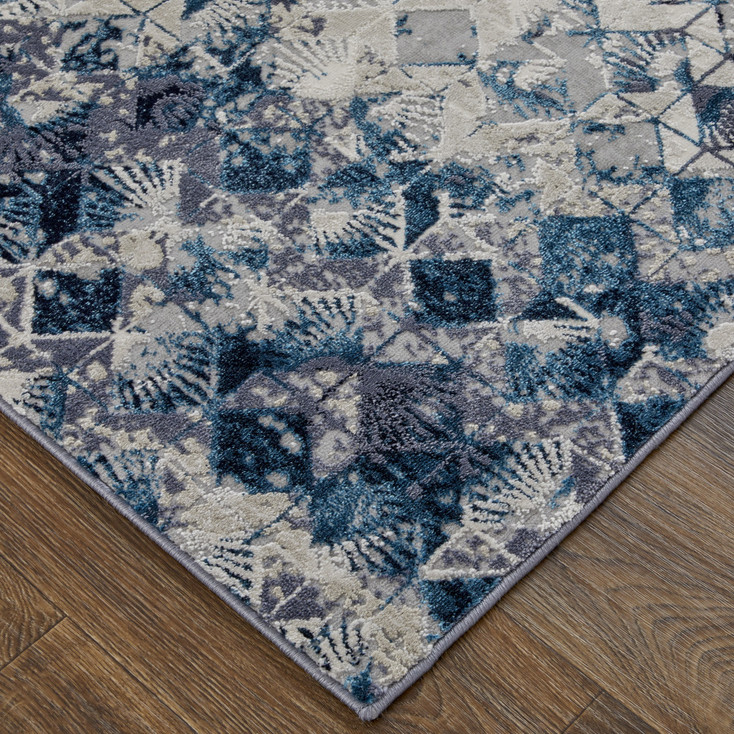 4' x 6' Blue Ivory and Gray Geometric Power Loom Distressed Area Rug