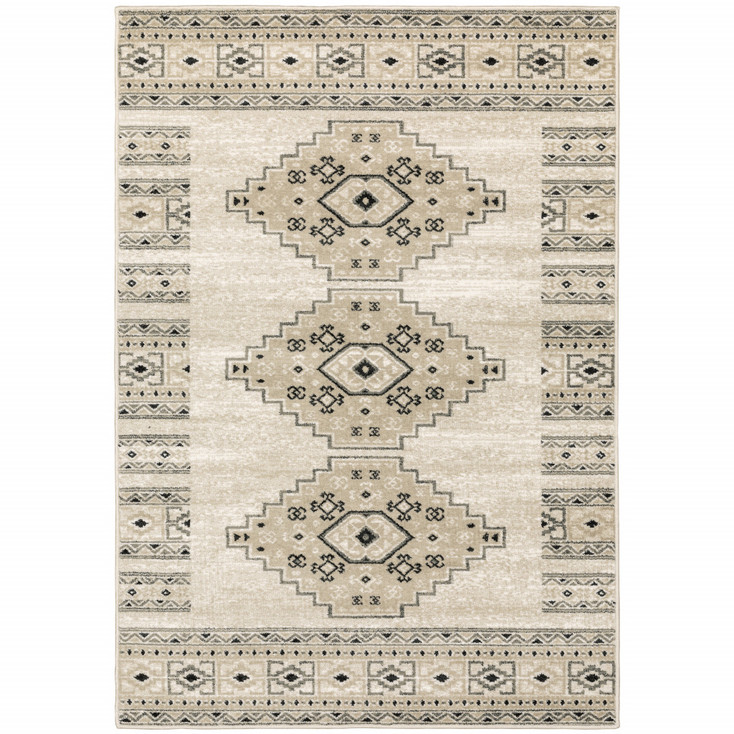 4' x 6' Ivory Grey Black and Ivory Southwestern Power Loom Stain Resistant Area Rug