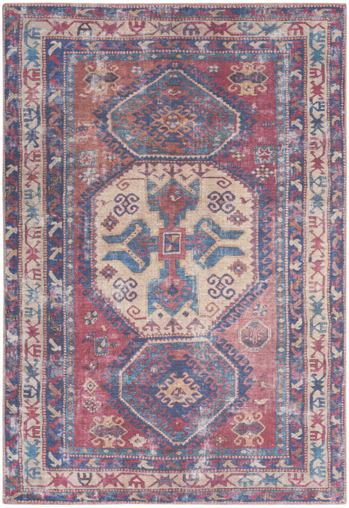 4' x 6' Red and Navy Oriental Power Loom Distressed Washable Area Rug