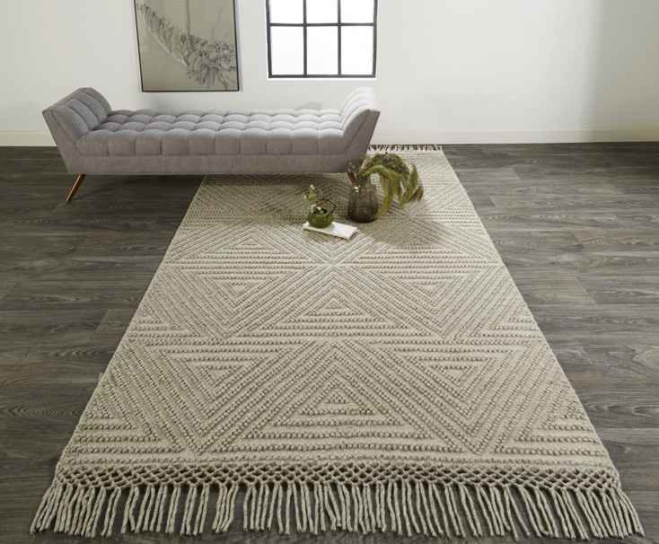 4' x 6' Tan and Ivory Wool Geometric Hand Woven Area Rug with Fringe