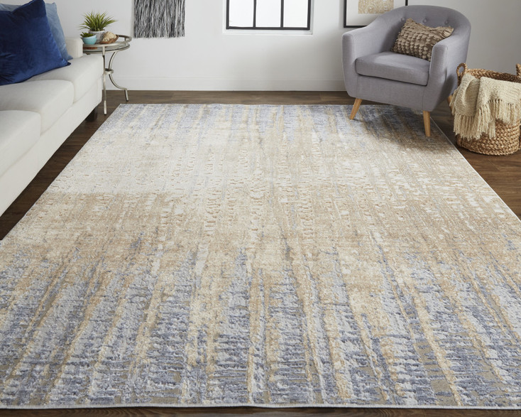 4' x 6' Tan Brown and Blue Abstract Power Loom Distressed Area Rug