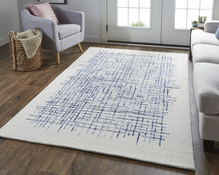 4' x 6' Ivory and Blue Wool Plaid Tufted Handmade Stain Resistant Area Rug