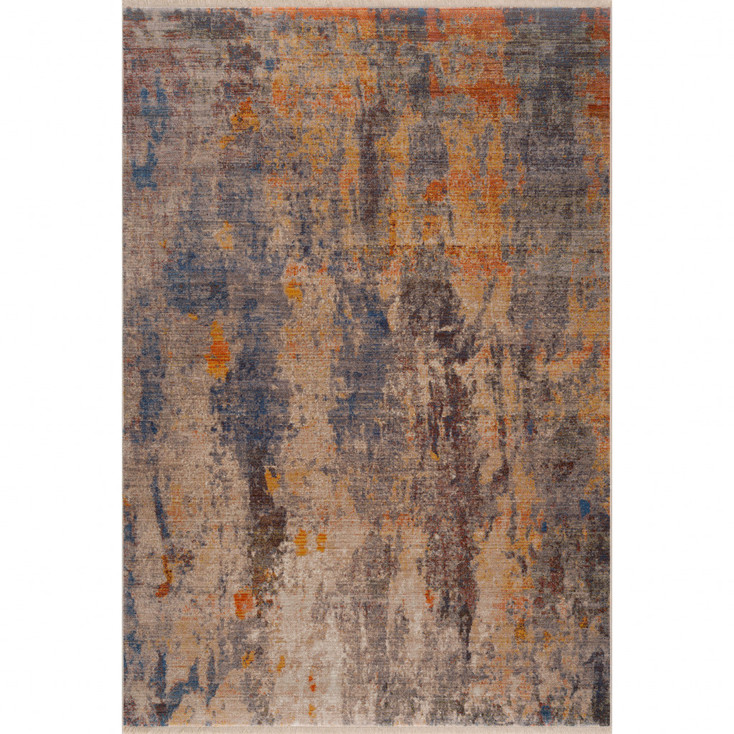 4' x 6' Gray Beige Blue & Yellow Abstract Power Loom Distressed Stain Resistant Area Rug