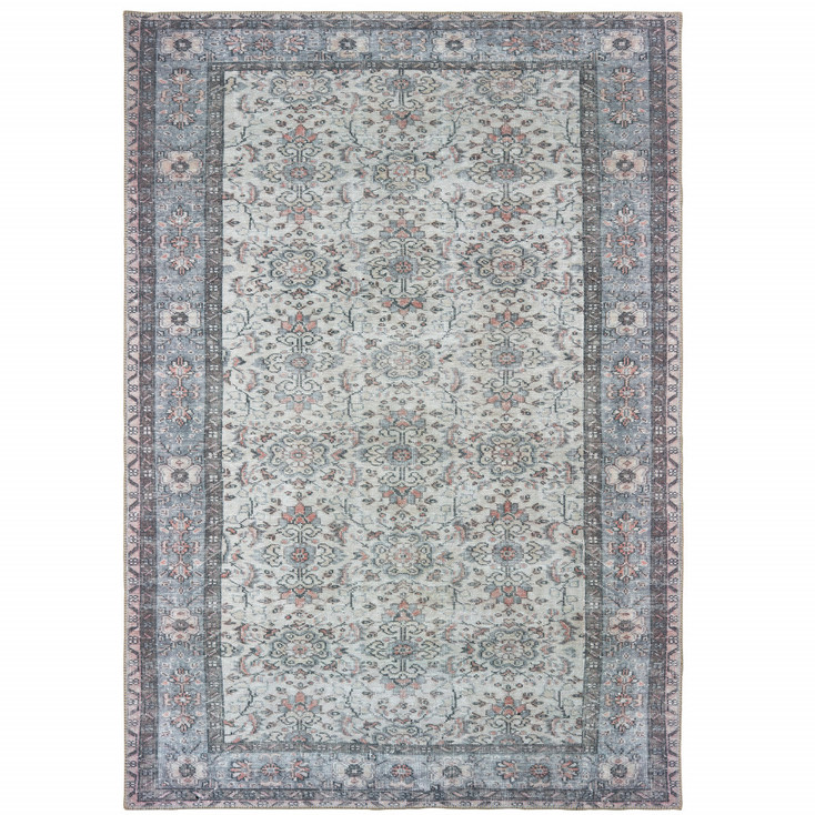 4' x 6' Ivory and Blue Oriental Power Loom Stain Resistant Area Rug