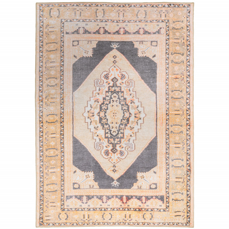 4' x 6' Grey and Gold Oriental Power Loom Stain Resistant Area Rug