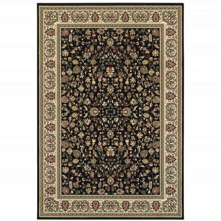 4' x 6' Black and Ivory Oriental Power Loom Stain Resistant Area Rug