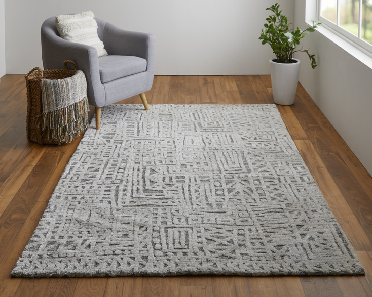 4' x 6' Gray and Silver Geometric Stain Resistant Area Rug