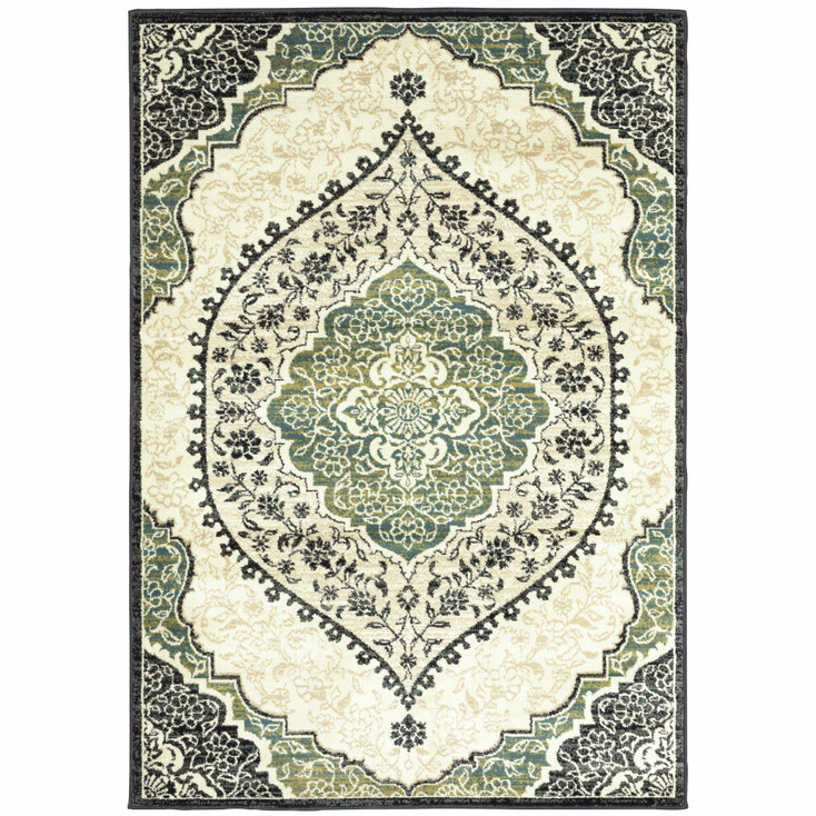 4' x 6' Ivory Navy and Green Oriental Power Loom Stain Resistant Area Rug