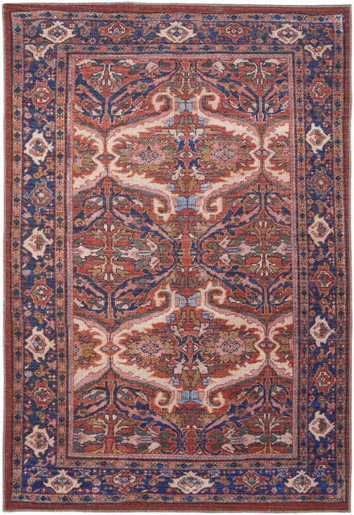 4' x 6' Red Tan & Blue Floral Power Loom Area Rug