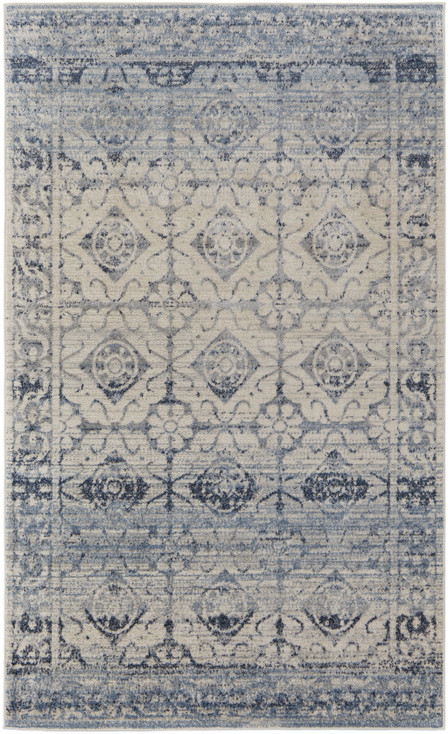 4' x 6' Blue and Ivory Power Loom Distressed Area Rug