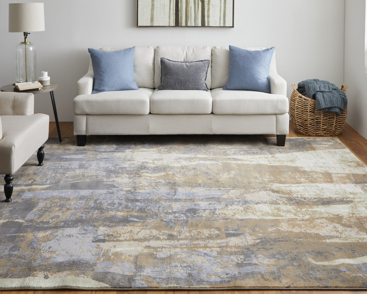 4' x 6' Brown Blue and Ivory Abstract Power Loom Distressed Area Rug