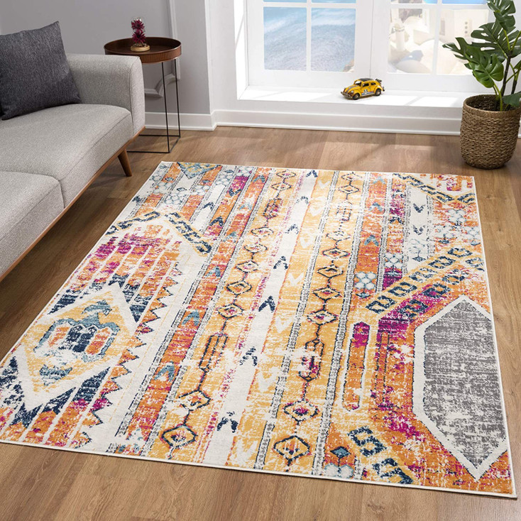 4' x 6' Orange and Ivory Southwestern Dhurrie Area Rug