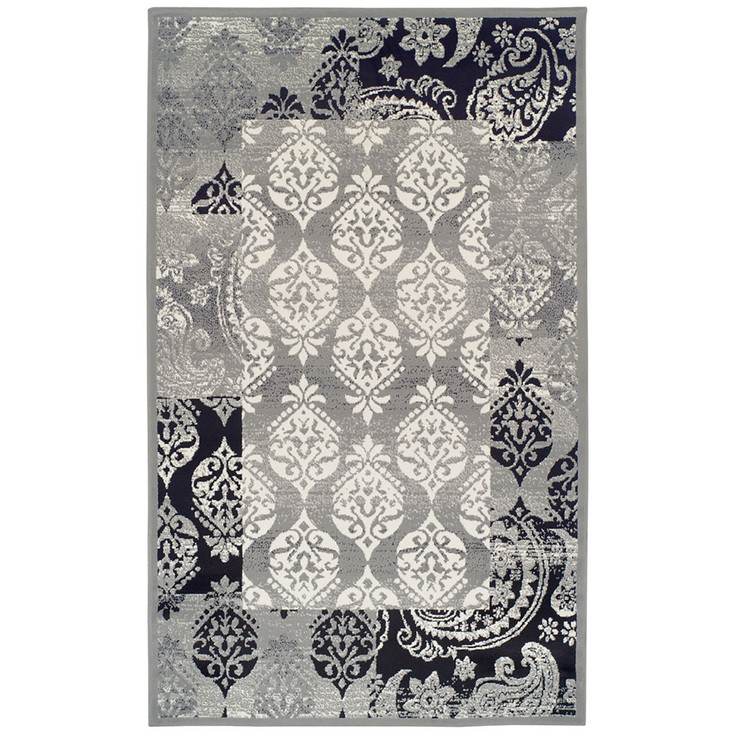 4' x 6' Black and Gray Damask Power Loom Distressed Stain Resistant Area Rug