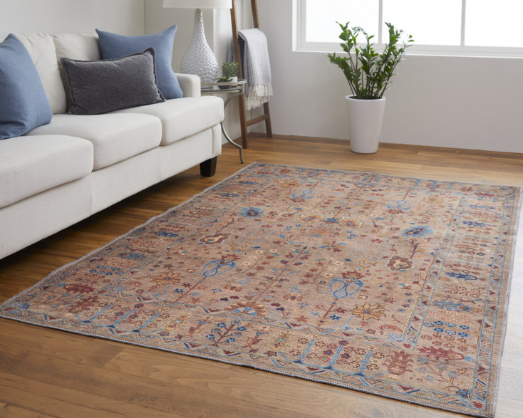 4' x 6' Tan Pink and Blue Floral Power Loom Area Rug