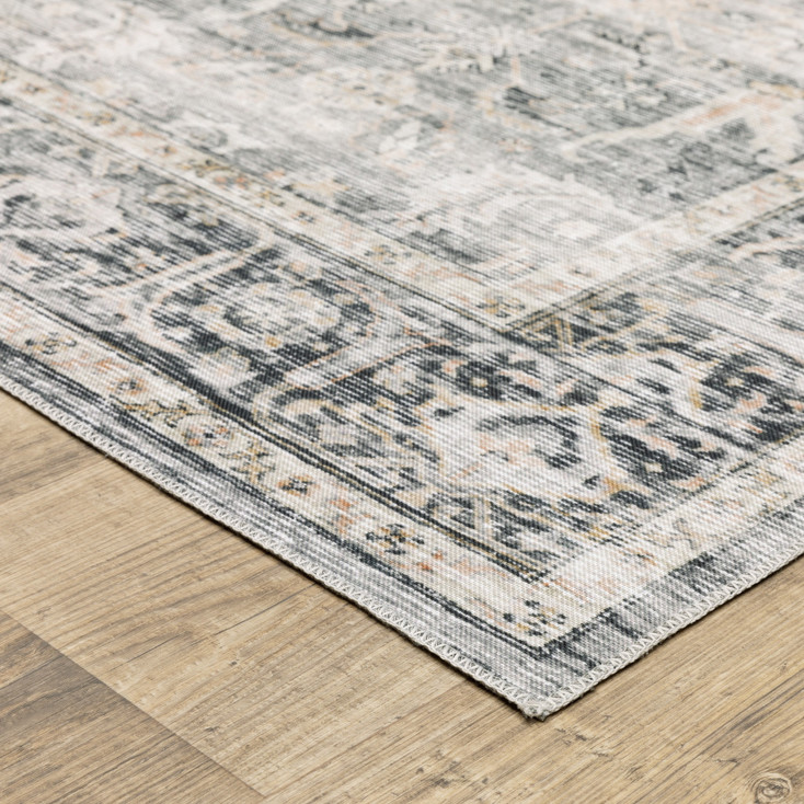 4' x 6' Charcoal Grey Salmon and Ivory Oriental Printed Stain Resistant Non Skid Area Rug