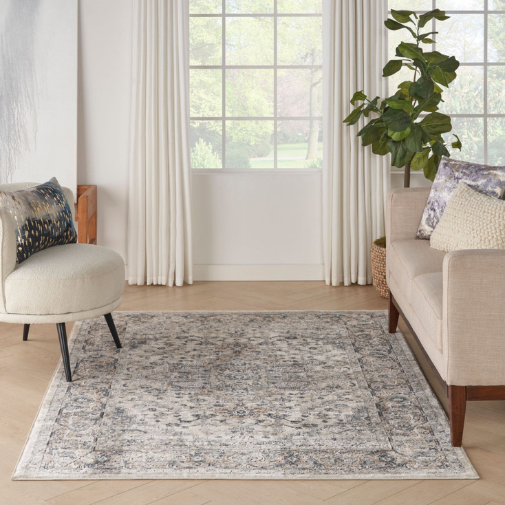 4' x 6' Ivory and Grey Oriental Power Loom Non Skid Area Rug