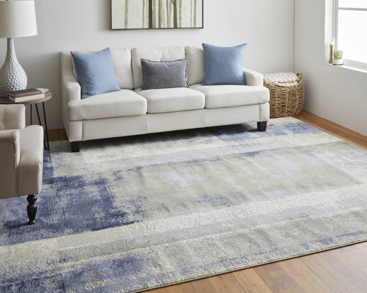 4' x 6' Blue Green and Ivory Abstract Power Loom Distressed Area Rug