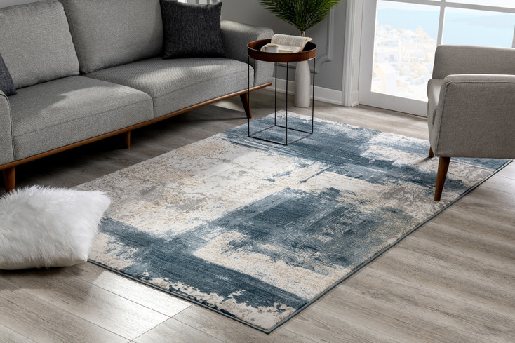 4' x 6' Blue and Beige Abstract Washable Non Skid Area Rug