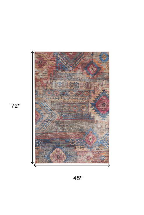 4' x 6' Multicolor Southwestern Power Loom Distressed Washable Area Rug