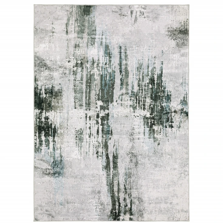 4' x 6' Silver Grey Teal Blue and Charcoal Abstract Printed Non Skid Area Rug