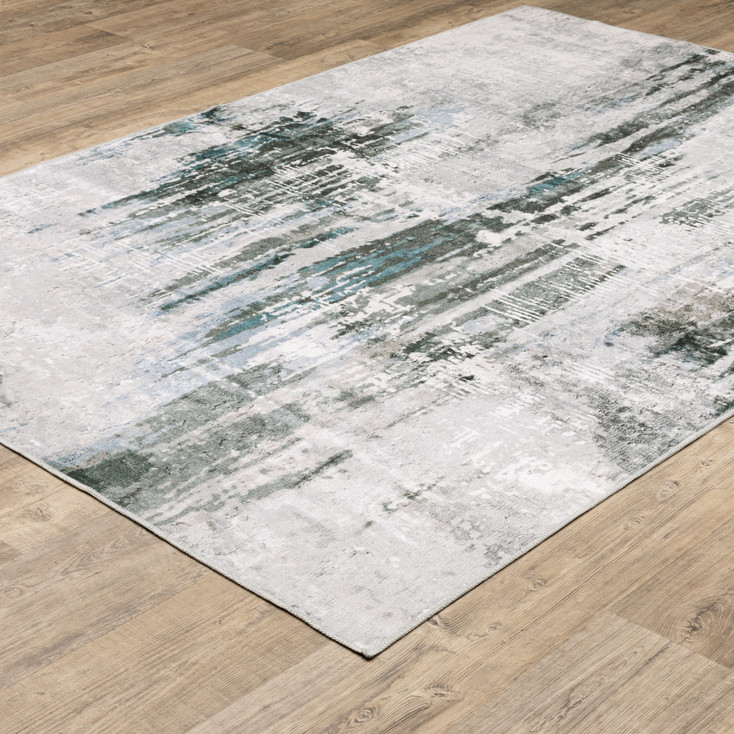 4' x 6' Silver Grey Teal Blue and Charcoal Abstract Printed Non Skid Area Rug