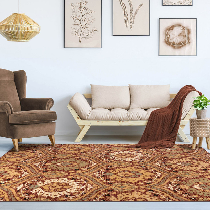 4' x 6' Red Gold and Olive Floral Stain Resistant Area Rug