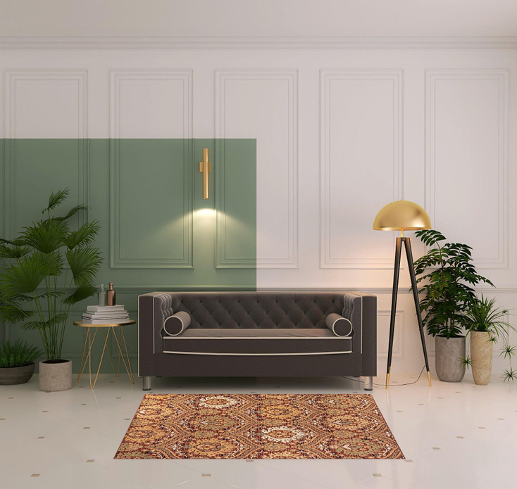 4' x 6' Red Gold and Olive Floral Stain Resistant Area Rug