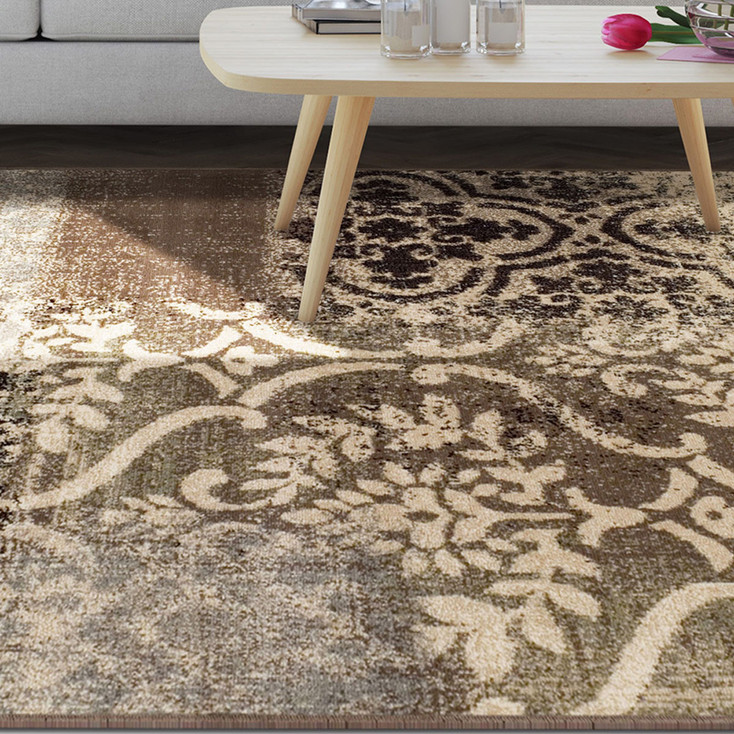 4' x 6' Ivory Light Blue Damask Distressed Stain Resistant Area Rug