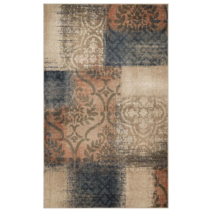 4' x 6' Navy and Salmon Damask Distressed Stain Resistant Area Rug