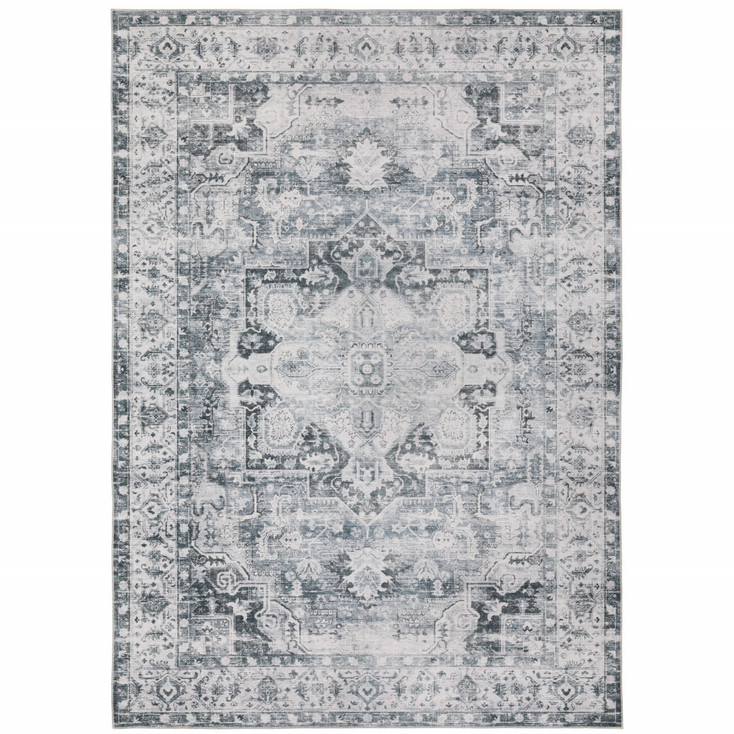 4' x 6' Navy Blue Ivory and Grey Oriental Printed Stain Resistant Non Skid Area Rug